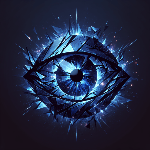 A sharply focused eye symbol in deep indigo color. Could also be a fractured mirror shard reflecting light, or an indigo crystal with internal sparks/light flashes..
Single Game Texture.  In-Game asset.  2d.  Blank background.  High contrast.  No shadows