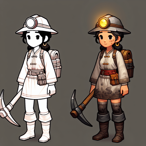 A gold miner.
Single Game Texture. In-Game asset. 2d. Blank background. High contrast. No shadows.