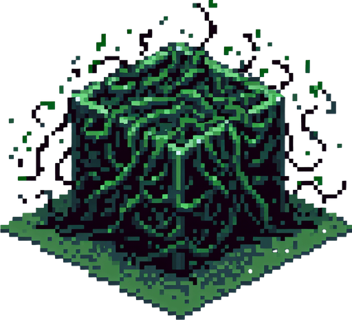 a dark green box surrounded by vines, pixel art
Single Game Texture. In-Game asset. 2d. Blank background. High contrast. No shadows.