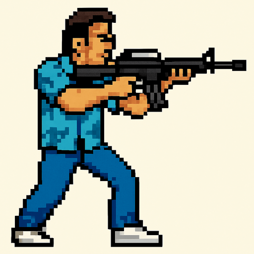 tommy vercetti de gta vice city hecho con pixeles apuntando con un rifle de asalto m4 con la perspcetiva lateral.
In-Game asset.  2d.  High contrast.  No shadows