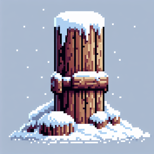 pixel art of a wooden pole with snow at it's base.
Single Game Texture. In-Game asset. 2d. Blank background. High contrast. No shadows.