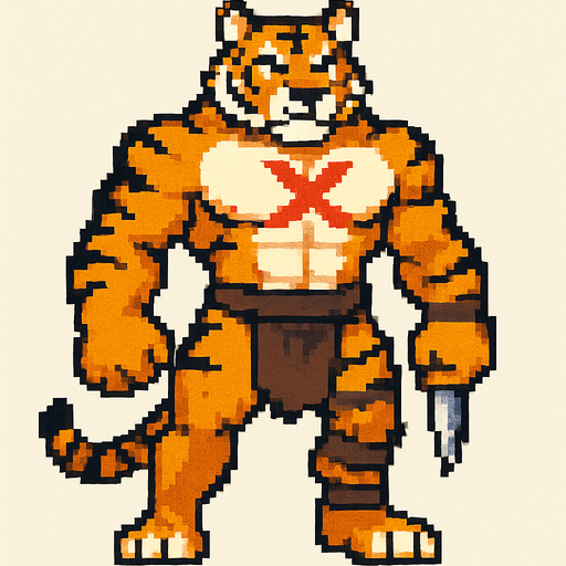 Tigre furry fuerte con una marca de x en su pectoral y pixeleado y que se vea todo su cuerpo, con un taparrabos y una piernera con una daga 
In-Game asset.  2d.  High contrast.  No shadows