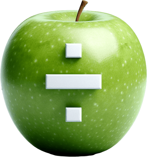 white "=" on a green apple..
Single Game Texture. In-Game asset. 2d. Blank background. High contrast. No shadows.