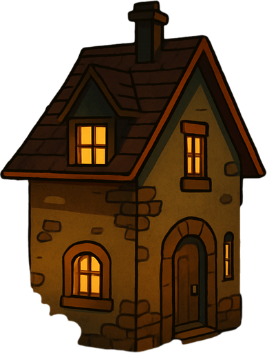 Create a detailed visual description or conceptual overview of a town at nighttime, featuring a house with a light on. The style should emulate the aesthetic and atmosphere typical of the Professor Layton game series, characterized by a charming, slightly whimsical, and puzzle-adventure ambiance with warm, inviting lighting and intricate, storybook-like details.

# Steps

1. Begin by envisioning a quaint town at night, with subdued lighting and a peaceful, mysterious aura.
2. Highlight a single house with a light on in a window, symbolizing activity or a story element.
3. Incorporate elements characteristic of the Professor Layton style: warm color palettes, soft glows, gently stylized architecture, and intricate details reminiscent of handcrafted illustrations.
4. Emphasize atmosphere — combine tranquility with a hint of intrigue suitable for an adventure puzzle setting.
5. Optionally, include natural elements like trees or lampposts that match the game's stylistic choices..
In-Game asset.  2d.  High contrast.  No shadows