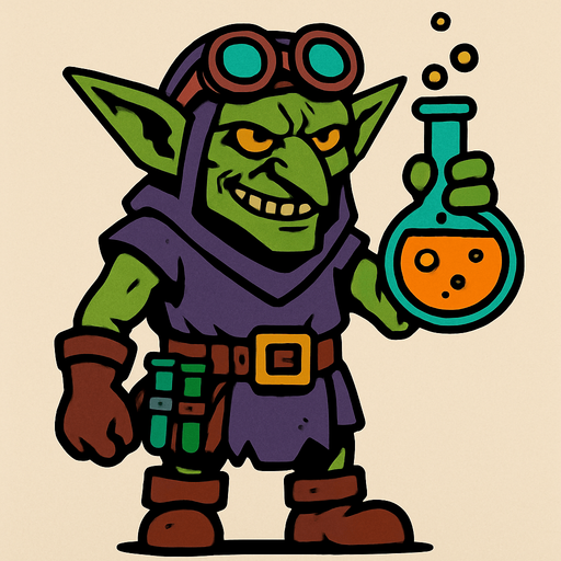 kimyasalcı goblin, boydan.
In-Game asset.  2d.  High contrast.  No shadows