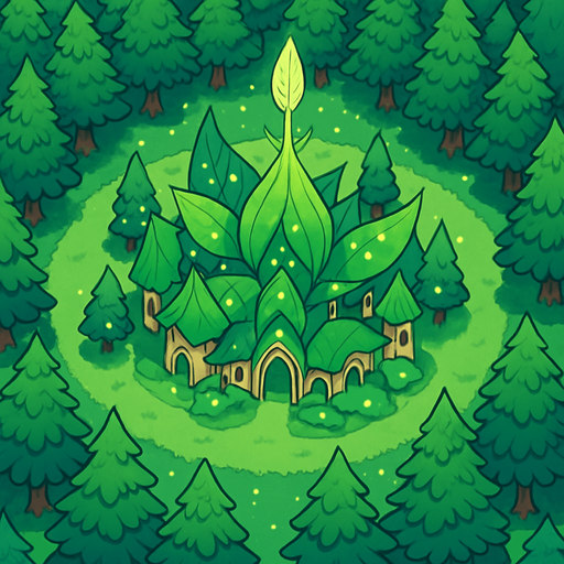 image top down hutan pinus luas yang ditengahnya terdapat kerajaan peri daun. 2d anime.
In-Game asset.  2d.  High contrast.  No shadows