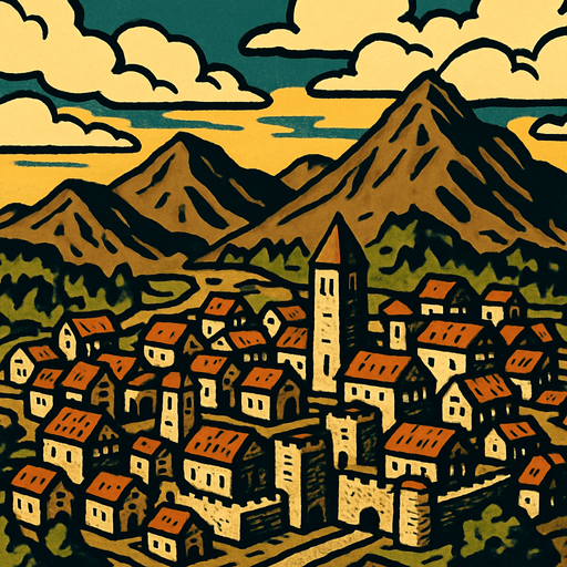 Üstten görünen bulutlu bir hava va aşağıda dağlar ve orta çağ kasabası.
In-Game asset.  2d.  High contrast.  No shadows