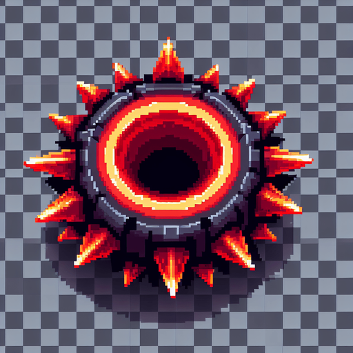 A single spiky rotating obstacle designed in pixel art style. Dark red color with glowing orange edges to create urgency. The obstacle is circular with sharp edges, slightly animated to spin or pulse. Made to look dangerous but simple, ideal for a fast-paced jump-and-dodge arcade game. Transparent background..
Single Game Texture.  In-Game asset.  2d.  Blank background.  High contrast.  No shadows