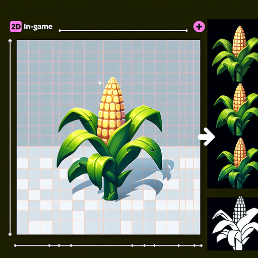 A corn plant in early stage of growth..
Single Game Texture. In-Game asset. 2d. Blank background. High contrast. No shadows.