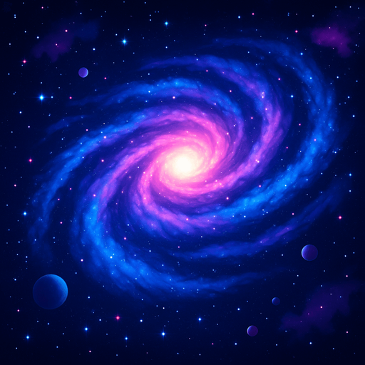 A stunning 2D top-down galaxy for a space-themed game background, featuring a massive spiral galaxy with swirling arms in vibrant shades of blue, purple, and pink, a bright glowing core, scattered star clusters, distant nebulae, and a few small planets orbiting around. The galaxy should feel colorful, mysterious, and vast, with soft glowing effects and high contrast for a sci-fi aesthetic. Style: digital art, seamless background, suitable for looping game parallax layers..
In-Game asset.  2d.  High contrast.  No shadows