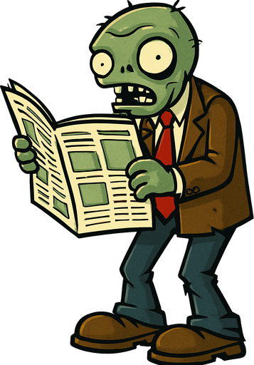 zombie leyendo un periodico con traje en cuerpo completo de pvz.
In-Game asset.  2d.  High contrast.  No shadows