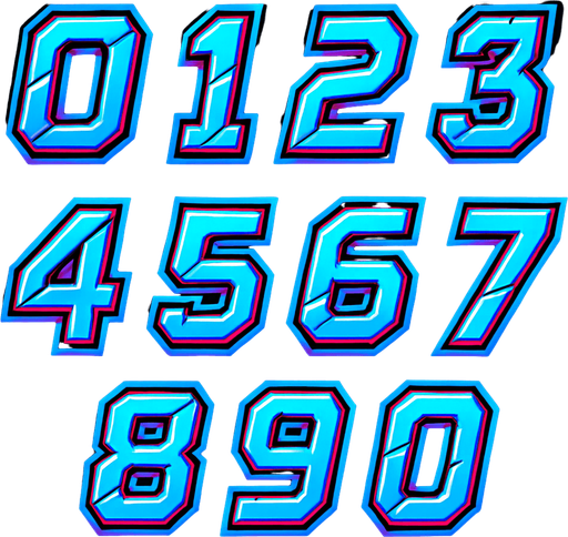 Display icons of Numbers 0 to 9 in SciFi comic style font.
In-Game asset.  2d.  High contrast.  No shadows