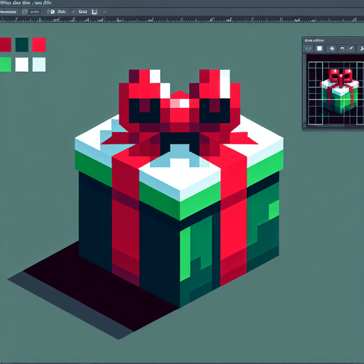 gift. pixelart. christmas. green and red. Single Game Texture. In-Game asset. 2d. Blank background. High contrast. No shadows.