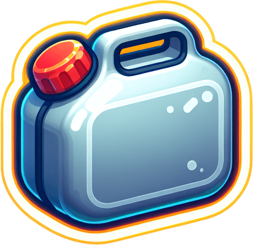 A cute cartoon-style small fuel tank with rounded edges, glossy metal finish, and a little red cap. Add a glowing yellow outline to make it pop. It should look lightweight and collectible, floating gently in the air..
Single Game Texture.  In-Game asset.  2d.  Blank background.  High contrast.  No shadows