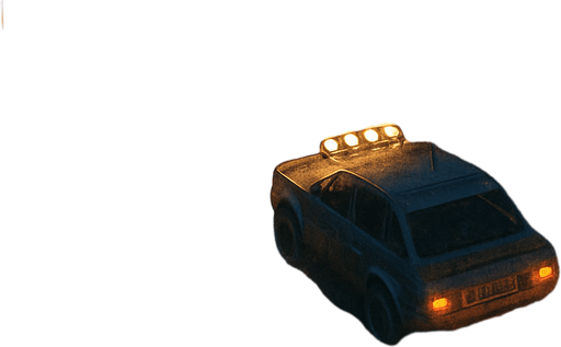 Checkpoint rally rod with dust in night, bird view