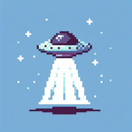 pixel art of a small flying UFO.
Single Game Texture. In-Game asset. 2d. Blank background. High contrast. No shadows.