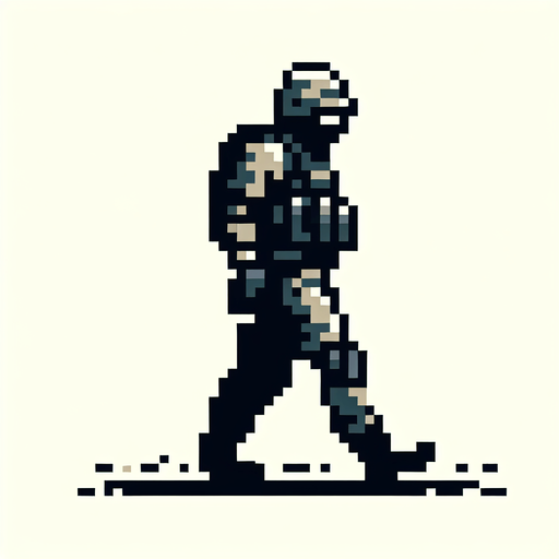A single soldat walking downard in a 16 bit style Single Game Texture. In-Game asset. 2d. Blank background. High contrast. No shadows.