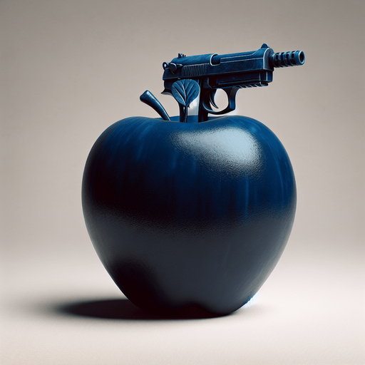 a blue apple with a gun.
In-Game asset. Blank background. High contrast.