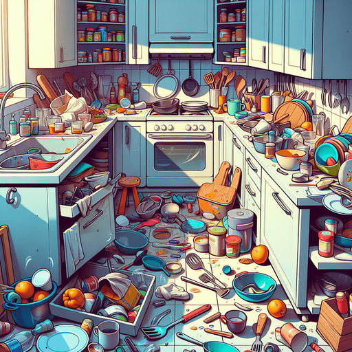 dağınık bir mutfak, odanın içinden görünüm. 3d renkli anime, çizgi film