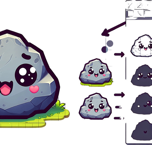 Cartoon style cute rock.
Single Game Texture. In-Game asset. 2d. Blank background. High contrast. No shadows.