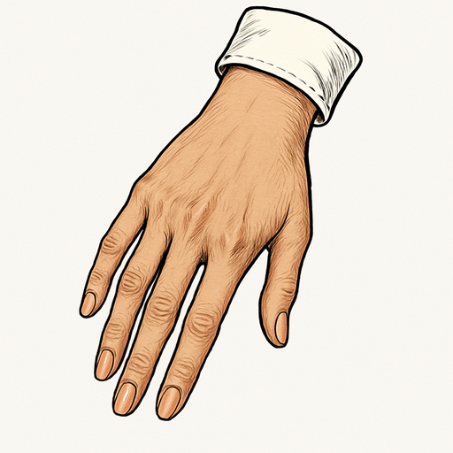 Mano de una persona femenina con camisa blanca vista desde arriba con un estilo realista.
In-Game asset.  2d.  High contrast.  No shadows