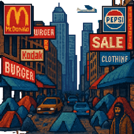make pixelated, add homeless with tents
