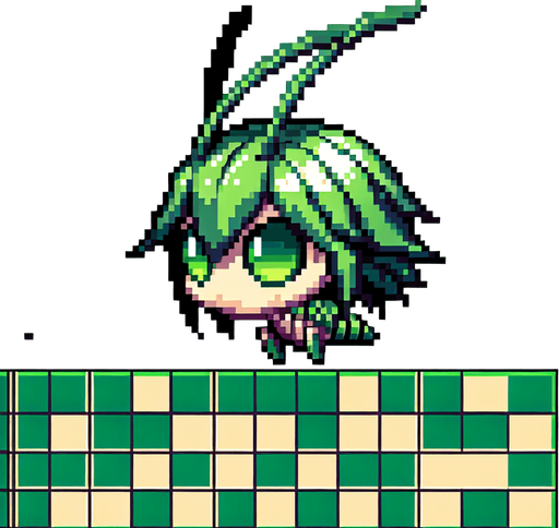 chibi 8 bit image green hopper insect anime protagonist.
Single Game Texture.  In-Game asset.  2d.  Blank background.  High contrast.  No shadows