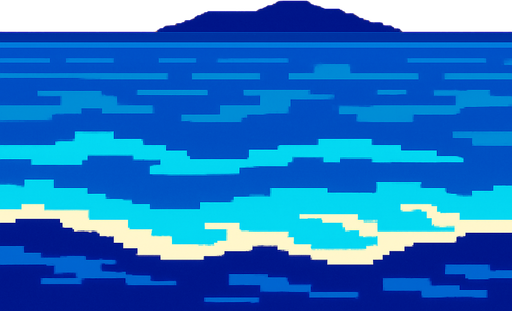 Above water ocean background showing clear sky with gradient and land far away against the horizon. Minimal detail.  80s arcade machine graphics..
In-Game asset.  2d.  High contrast.  No shadows