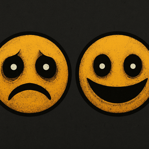 Creepy sad and happy emoji with black eyes and white people's.
In-Game asset.  High contrast.  No shadows