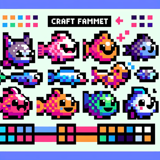 A pallet of 10 different unique fish. 8-bit art style. Fun, happy facial expressions..
Single Game Texture. In-Game asset. 2d. Blank background. High contrast. No shadows.