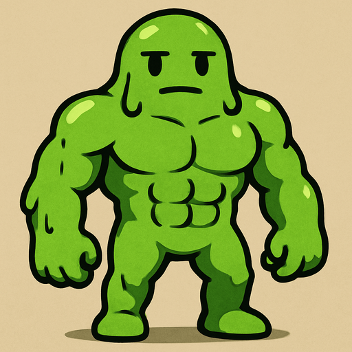 1 tane az kaslı yeşil slime yap çok az kası olsun nötr surat olsun.
In-Game asset.  2d.  High contrast.  No shadows ayakları elleri kafası var