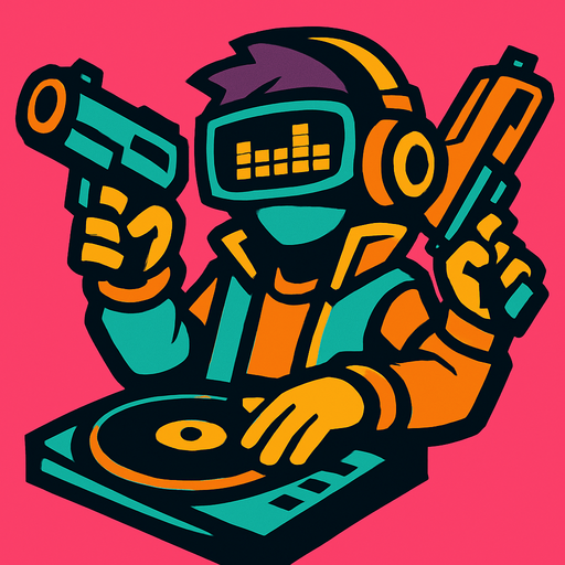 DJ with blaster.
In-Game asset.  2d.  High contrast.  No shadows
