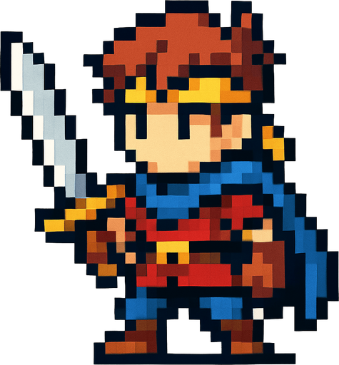 2d hero swordsman pixel sprite.
In-Game asset.  2d.  High contrast.  No shadows