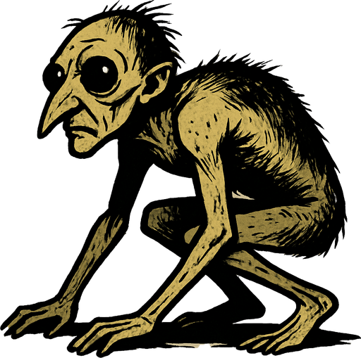 The image depicts a strange, humanoid creature with an unusual and unsettling appearance. It has a small, elongated head with a pointed nose and large, dark eyes that seem to bulge slightly. The creature has sparse, dark hair on its head, which appears messy and uneven. Its body is thin and frail, covered with patchy, coarse hair across its back and sides. The creature is crouched on all fours, with long, thin arms and legs that bend awkwardly. Its skin looks pale and wrinkled, and it has a hunched posture, as if it is crawling or moving slowly..
In-Game asset.  2d.  High contrast.  No shadows