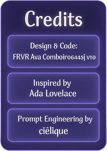 A semi-realistic comic book style “Credits” screen designed for a lo-fi DJ rhythm game, with a clean and minimal layout. The panel floats in front of a transparent or dimly lit background (no shadow, no clutter), size 2048x2732. The design features a softly glowing vertical list of credits, each displayed in elegant white text over slightly frosted glass-like translucent boxes with rounded edges and a faint purple neon glow.

At the top, a bold title reads “Credits” in a stylized modern font, slightly larger than the rest. Below, each credit entry appears like a sleek card, organized vertically with equal spacing between them. There are no borders or separators outside the glow of each box.

Text inside the credit boxes (exact layout):

Design & Code: FRVR.Ava.Combo[POGAAS].v1.0

Inspired by Ada Lovelace

Prompt Engineering by cielique

The UI should blend seamlessly into the rest of the game’s comic-style interface — soft lighting, ambient neon hues (purples, blues), and a tranquil ni.
In-Game asset.  2d.  High contrast.  No shadows