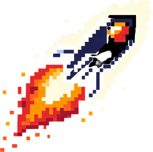 8 bit image black rocket with fire tail.
Single Game Texture.  In-Game asset.  2d.  Blank background.  High contrast.  No shadows
