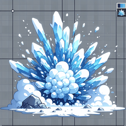 Ice explosion,rock, Light, blue & white..
Single Game Texture. In-Game asset. 2d. Blank background. High contrast. No shadows.