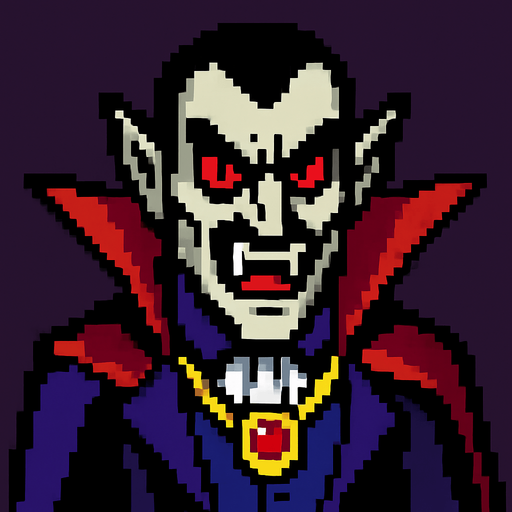 Vampire baron evil pixel.
In-Game asset.  2d.  High contrast.  No shadows