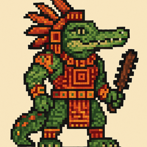 Generame un guerrero azteca con patrones, estilo pixelar, ademas sera un Caimán llanero humanoide..
In-Game asset.  2d.  High contrast.  No shadows