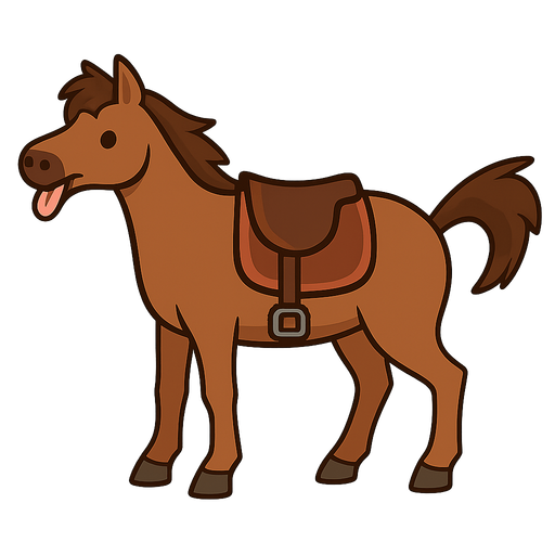 horse with tongue sticking out with saddle
. No background. Transparent background. Blank background. No shadows. 2d. In-Game asset. flat