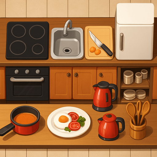 Mutfak - üstten görünüm - gerçekçi - yazısız.
In-Game asset.  2d.  High contrast.  No shadows