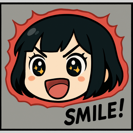 Haz una animación en la que solo se vea su cara recortada, un aura de energía roja rodeándola, y que aparezca como una viñeta que demuestre que está a punto de hacer su acción definitiva. Que escriba la palabra SMILE! abajo a la derecha. La imagen debe tener un fondo color gris
