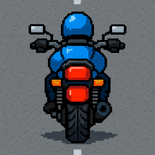 Create a 2D motorcycle sprite viewed from behind, positioned to ride on the road..
In-Game asset.  2d.  High contrast.  No shadows