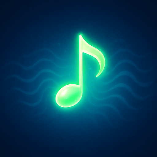 A single glowing green melody symbol in the center, surrounded by soft blue light, abstract sound waves gently radiating outward, dreamy and minimalistic background, magical atmosphere, high contrast lighting, perfect for a music-themed game, 4K, highly detailed.
In-Game asset.  2d.  High contrast.  No shadows