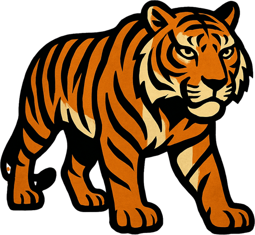 A tiger image, with wooden background.
In-Game asset.  2d.  High contrast.  No shadows