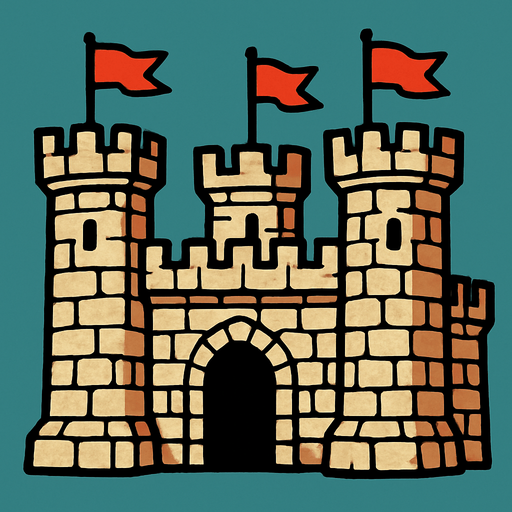 Taştan ve dört tane kulesi olan kırmızı bayraklar asılı kale.
In-Game asset.  2d.  High contrast.  No shadows