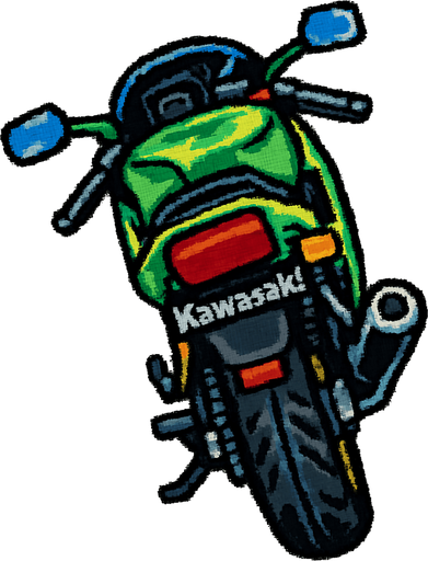 bir kawasaki motoru arkadan bakıldığında yukarıdan aşağıya gta2 tek oyun dokusu . oyun içi varlık. 2d. boş arka plan. yüksek kontrast. gölge yok.  motor perspektif olarak sağa yatık olsun.
In-Game asset.  2d.  High contrast.  No shadows