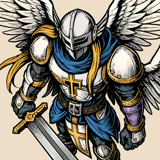 MagnaAngemon, visto desde arriba, calidad y detalles altamente épicos..
In-Game asset.  2d.  High contrast.  No shadows