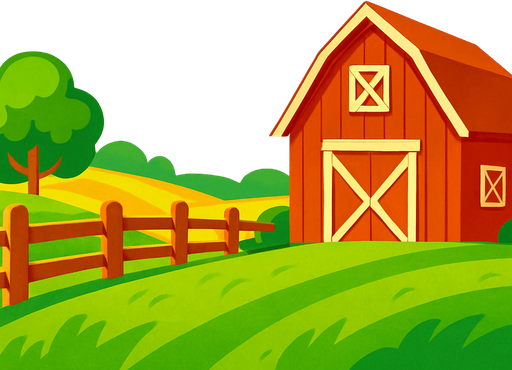 A vibrant cartoon-style background of a countryside scene with a barn, wooden fence, and wide blue sky, symbolizing American folk music. Add subtle music notes or banjo silhouette in the background. Export as a wide PN.
In-Game asset.  2d.  High contrast.  No shadows