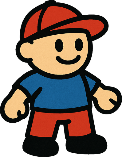 un muñeco con gorra y pantalones.
In-Game asset.  2d.  High contrast.  No shadows
